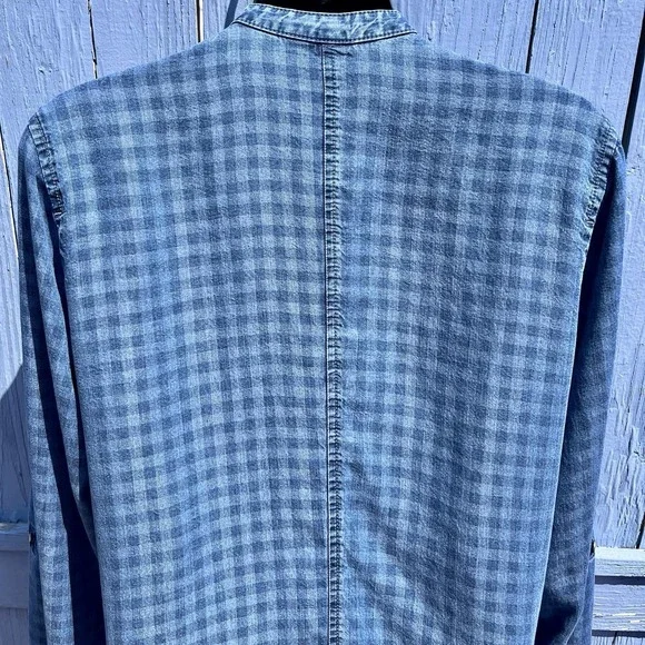 J Jill Blue Denim Check Dress Womens M Plaid Long Sleeve Button Up Distress Boho - Picture 5 of 13